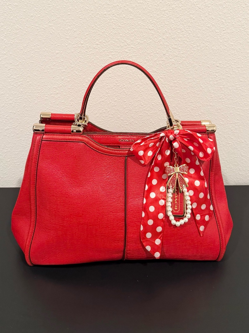 ❤️ Coach Madison Caroline Red Textured Leather Pinnacle Satchel Bag - Rare!